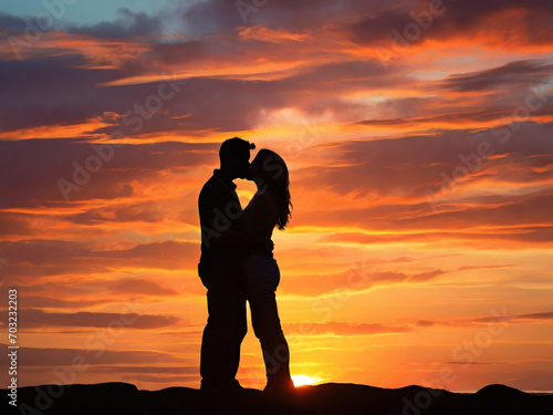 Silhouette of a couple sharing a kiss against a colourful sunset