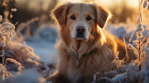 a beautiful photo of a dog sitting on the snow in winter