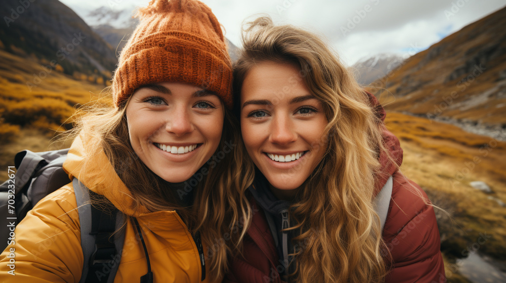 Fototapeta premium Selfie of two female friends climbing a mountain