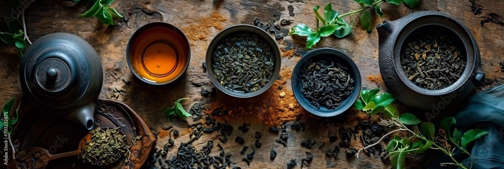 Herbal tea background. Tea cups with various dried tea leaves and flowers shot from above on rustic wooden table. Assortment of dry tea in ceramic bowls Herbal tea background. Tea cups with various dried tea leaves and flowers shot from above on rustic wooden table. Assortment of dry tea in ceramic bowls