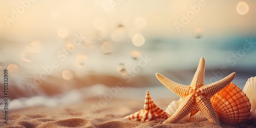 A paradisiacal seashore with seashells, starfish, and clear blue skies, a serene coastal beauty.