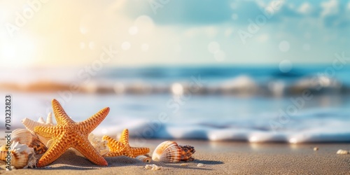 Idyllic relaxation on a sandy beach  featuring starfish  seashells  and tranquil waves.