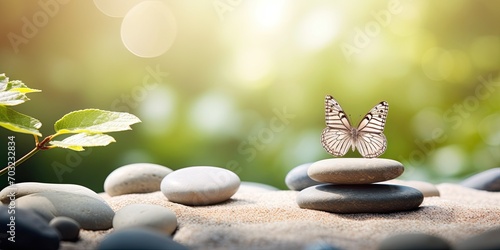 Zen harmony embodied in balanced stones, a delicate butterfly, and tranquil nature. photo