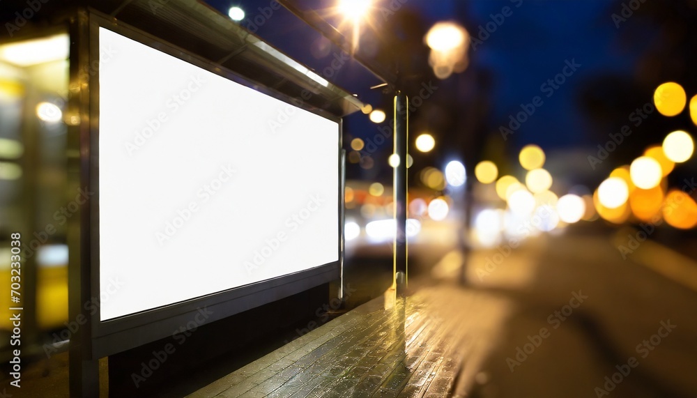 Blank electronic billboard in the city, city night scenery, promotional mockup, empty light box in the city. - Horizontal billboard, bokeh