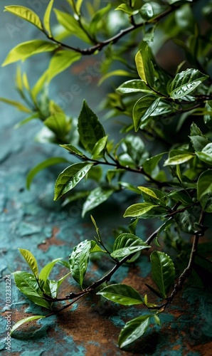 Herbal tea background. Various tea leaves and flowers shot from above on old rustic wooden table.