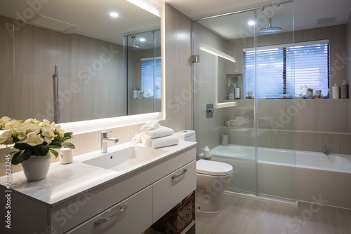 Modern bathroom interior with large glass shower and white vanity photo
