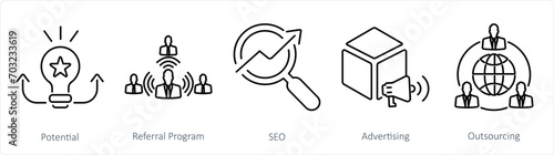 A set of 5 Increase Sale icons as potential, referral program, seo