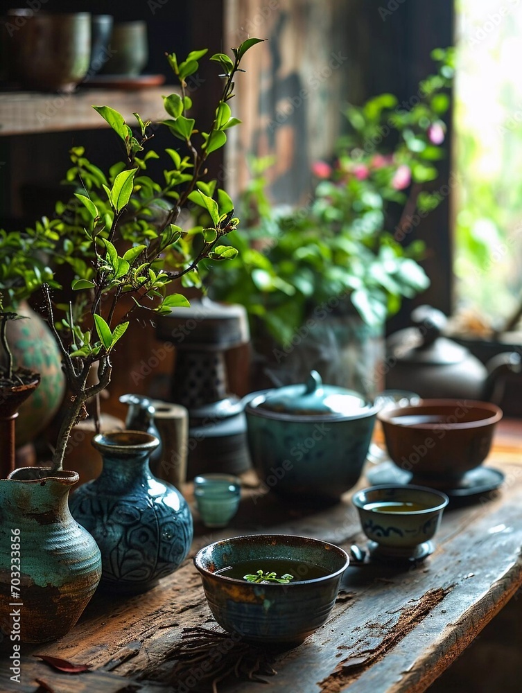 Herbal tea background. Tea cups with various dried tea leaves and flowers shot from above on rustic wooden table. Assortment of dry tea in ceramic bowls Herbal tea background. Tea cups with various dried tea leaves and flowers shot from above on rustic wooden table. Assortment of dry tea in ceramic bowls