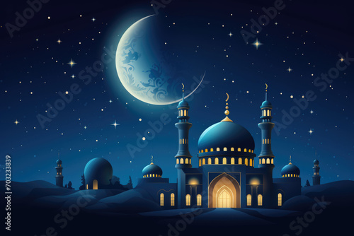 Simple illustration of a traditional mosque surrounded by twinkling stars, signifying the start of Ramadan photo