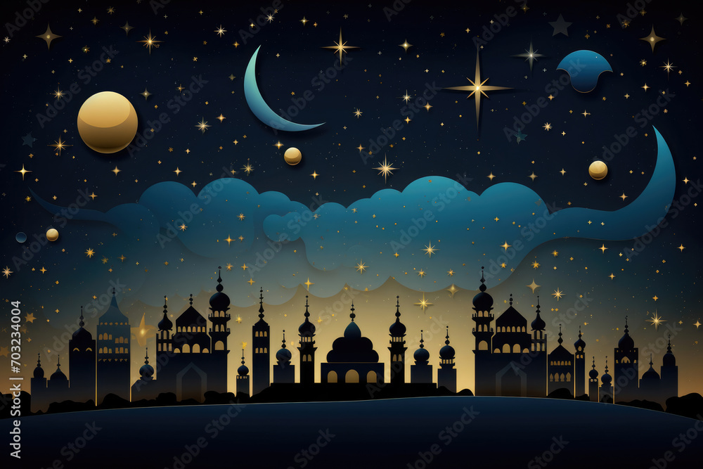 A serene scene of a night sky with the moon and stars, representing the peaceful atmosphere of Ramadan A serene scene of a night sky with the moon and stars, representing the peaceful atmosphere of Ramadan