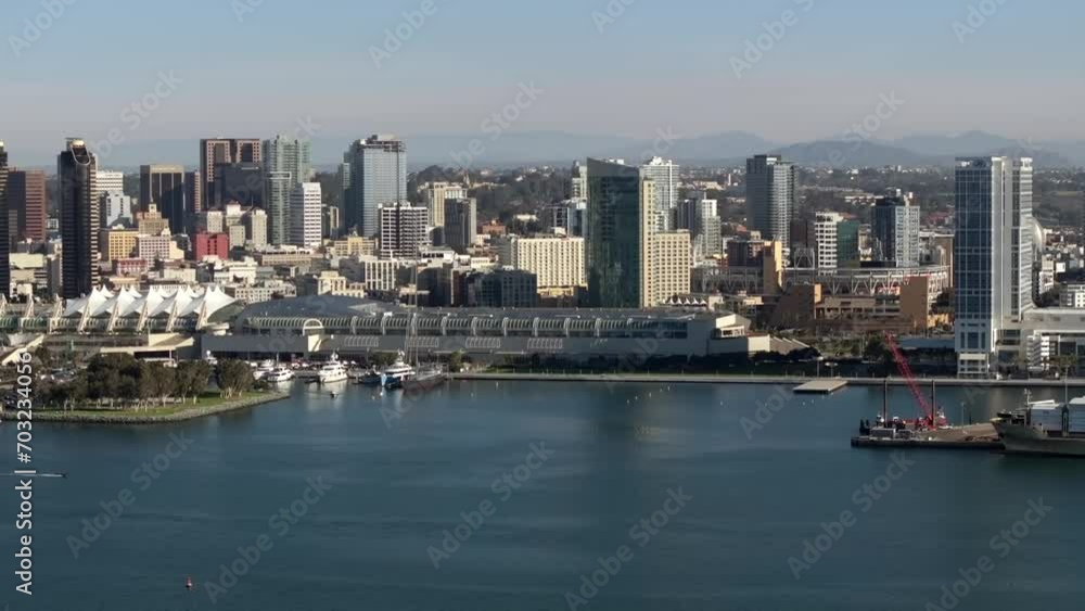 Drone Rising Above Urban San Diego downtown Skyline Waterfront, 4K Resolution USA Drone Rising Above Urban San Diego downtown Skyline Waterfront, 4K Resolution USA