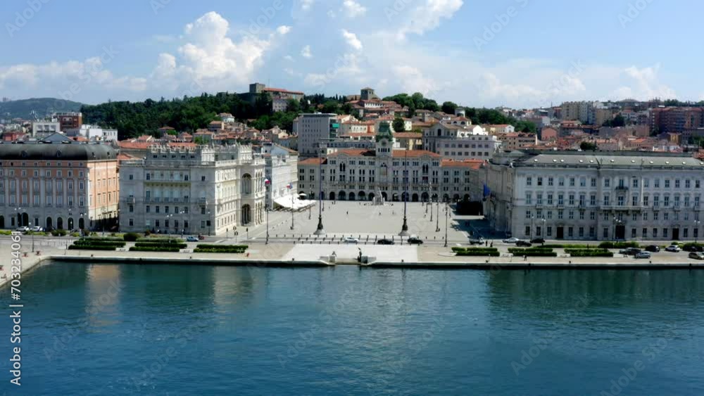 Piazza Unità d'Italia and a sunny view of the city of Trieste filmed with a drone Piazza Unità d'Italia and a sunny view of the city of Trieste filmed with a drone