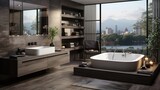 Modern bathroom interior with city view
