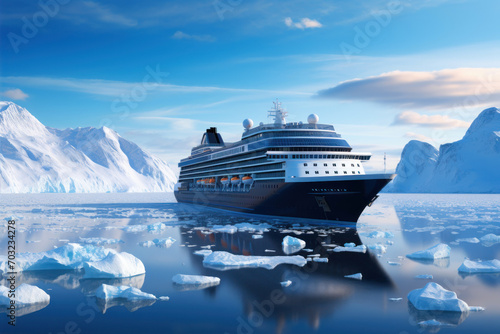 Cruise ship in the ocean with icebergs in the background. photo