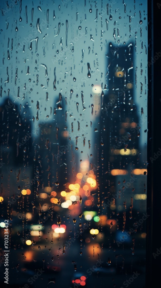 Obraz premium Rainy Cityscape Through a Window