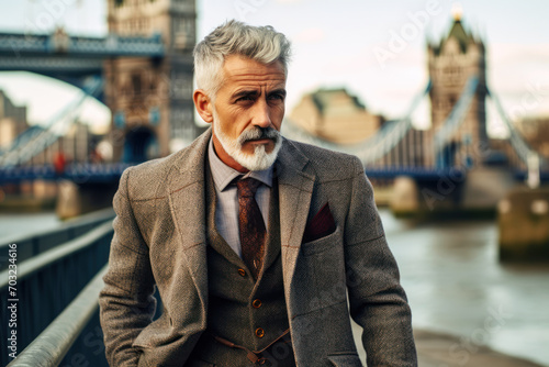 A stylish middle-aged English man walks the streets of London
