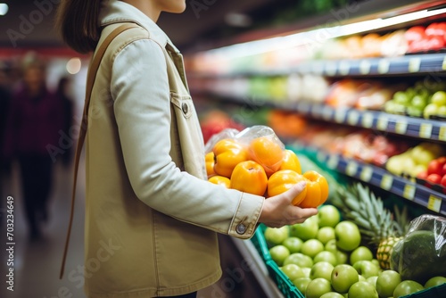 A woman is holding a bag of oranges in a grocery store