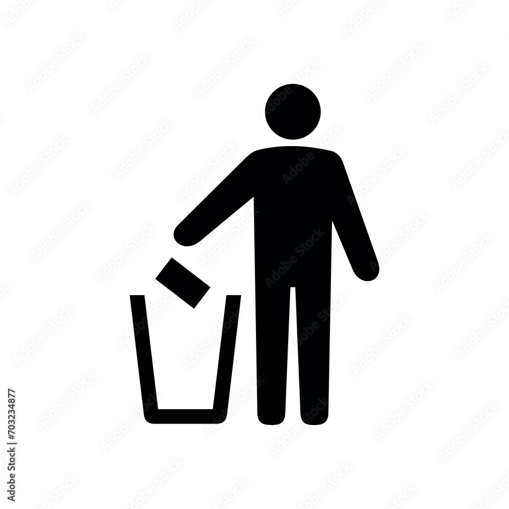 Icon of a man with a trash can (Tidyman), packaging recycling sign. Marking, sing on the packaging, person throws out garbage. Icon of a man with a trash can (Tidyman), packaging recycling sign. Marking, sing on the packaging, person throws out garbage.