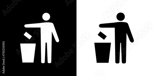 Icon of a man with a trash can (Tidyman), packaging recycling sign. Marking, sing on the packaging, person throws out garbage. photo