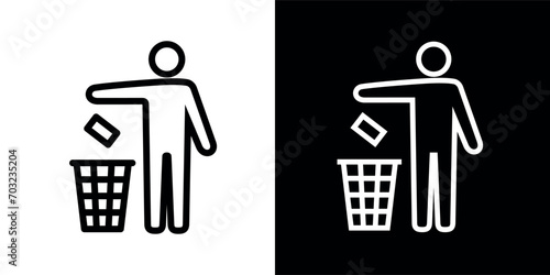 Icon of a man with a trash can (Tidyman), packaging recycling sign. Marking, sing on the packaging, person throws out garbage.