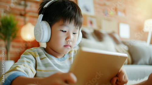 A boy studying while looking at a tablet. Online class. e-learning.