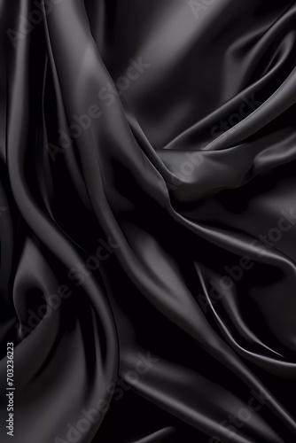 Beautiful smooth elegant wavy black satin silk luxury cloth fabric texture, abstract background design. Copy space. Card or banner