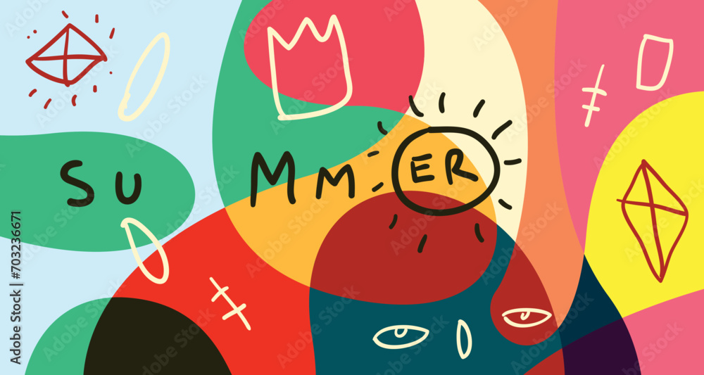 Naklejka premium Colorful Doodle Vector Illustration Background for Summer Holiday 2024 banner