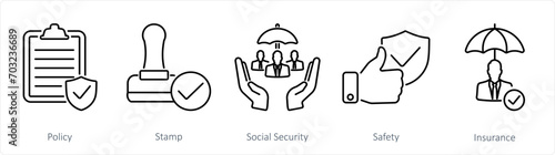 A set of 5 Insurance icons as policy, stamp, social security