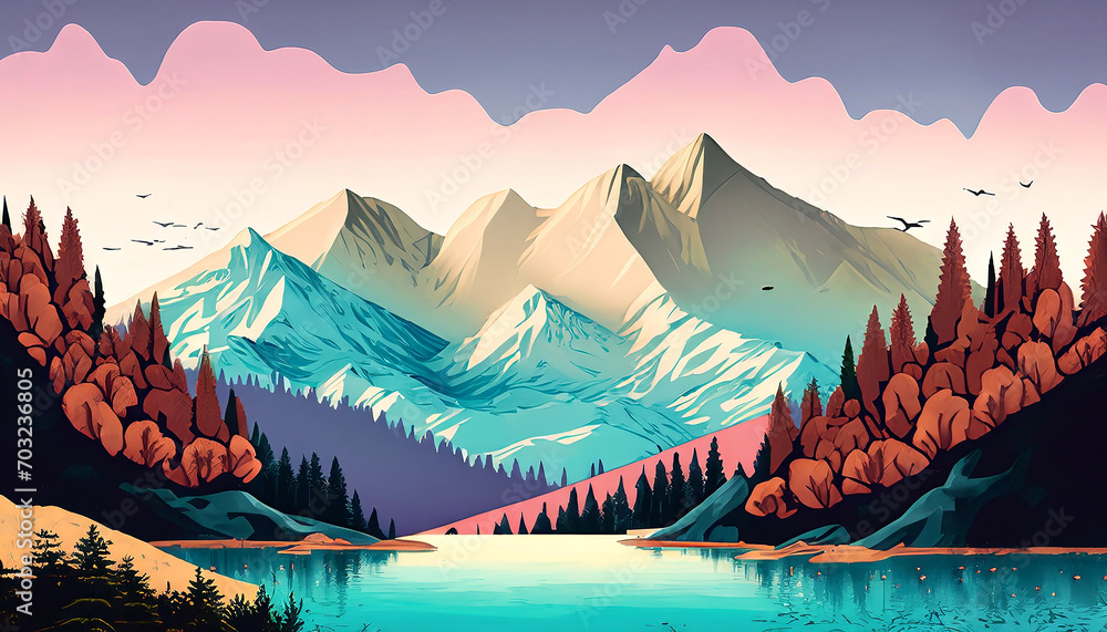 Travel style poster for mountains in pretty colors illustration style with trees and lake, Illustrations, vector art. - obrazy, fototapety, plakaty 