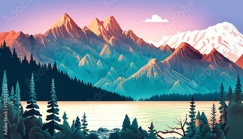Travel style poster for mountains in pretty colors illustration style with trees and lake, Illustrations, vector art.