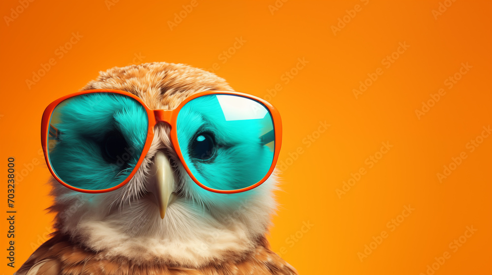 Happy owl with blue sunglasses on orange solid background with copy space. Fun night party animal creative concept. Generative AI.