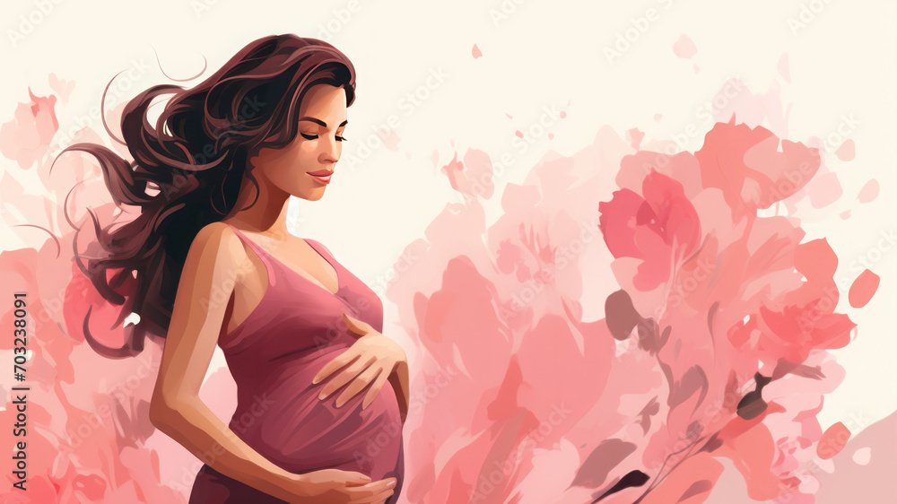 pregnancy and motherhood. painting of a pregnant woman. light red and pink painting, oil portrait. colorful illustration. pregnancy and motherhood. painting of a pregnant woman. light red and pink painting, oil portrait. colorful illustration.