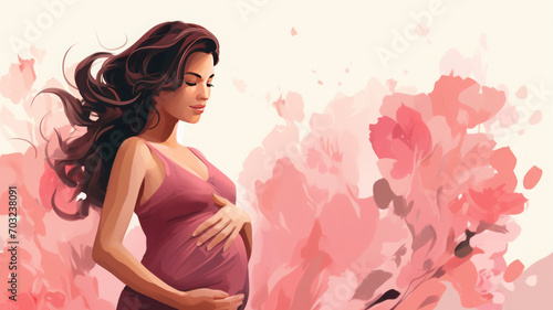 pregnancy and motherhood. painting of a pregnant woman. light red and pink painting, oil portrait. colorful illustration.