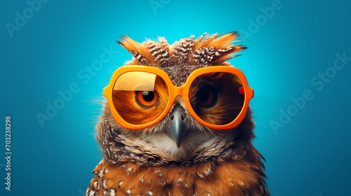 Happy owl with orange sunglasses on blue solid background with copy space. Fun night party animal creative concept. Generative AI. photo