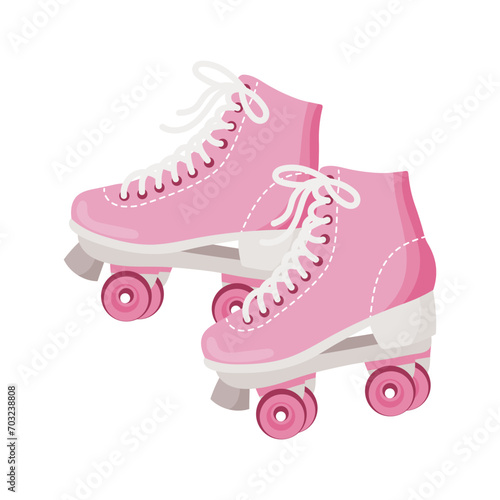 Pink roller skates. Retro icon, illustration in flat cartoon style. Vector