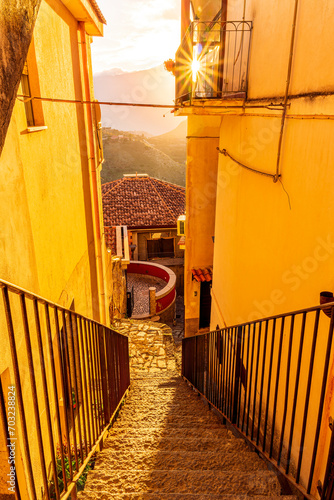 beautiful towh of Italy landscape with ladder with stairs down between nice balconies , walls with green plants and amazing attributes photo