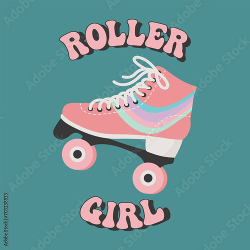 Pink roller skate with rainbow and lettering Roller girl. Retro icon, illustration in flat cartoon style. Vector