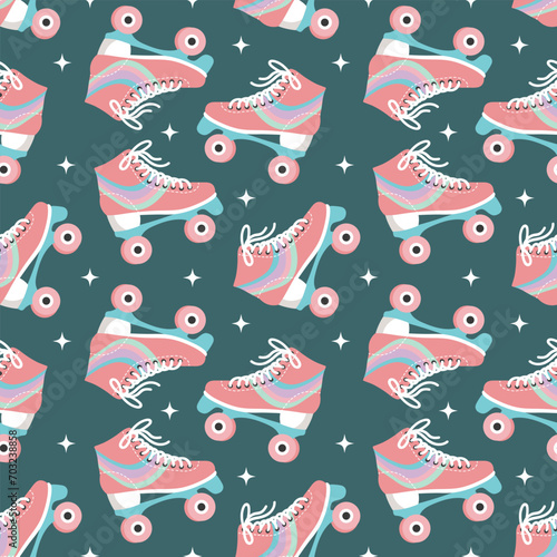 Seamless pattern with cute retro roller skates. Vintage texture for children's textiles, wrapping paper. Cartoon background for girls. Vector