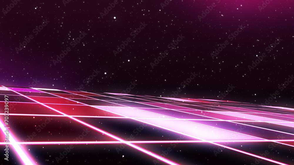Retro Sci-Fi Background Futuristic Grid landscape of the 80`s. Digital Cyber Surface. Suitable for design in the style of the 1980`s. 3D illustration