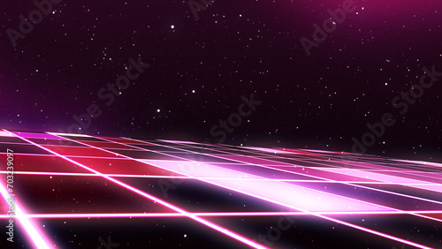 Obraz na płótnie Retro Sci-Fi Background Futuristic Grid landscape of the 80`s. Digital Cyber Surface. Suitable for design in the style of the 1980`s. 3D illustration w salonie