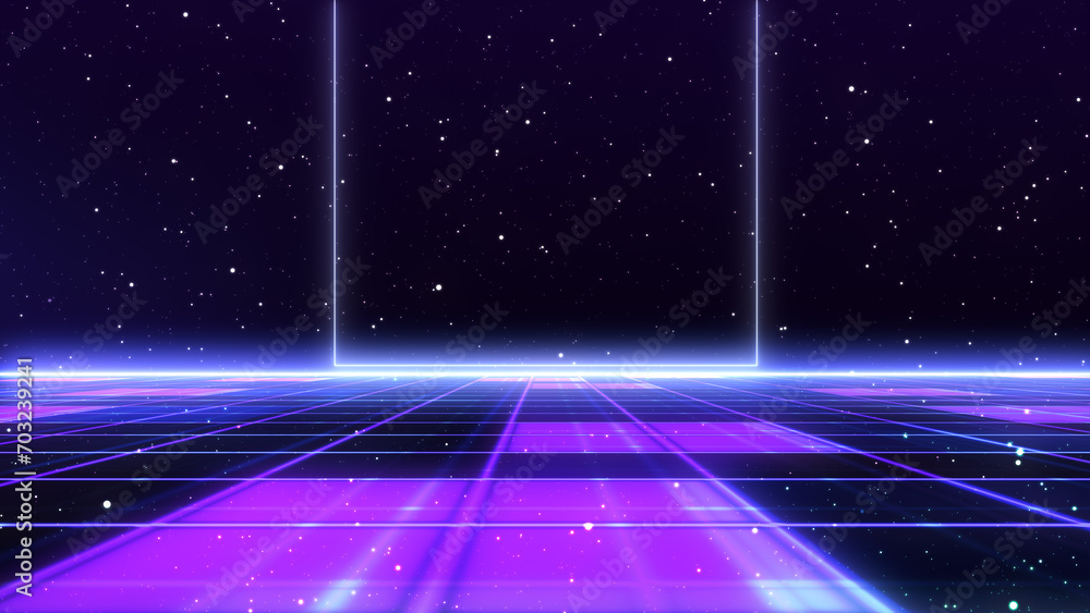 Retro Sci-Fi Background Futuristic Grid landscape of the 80`s. Digital Cyber Surface. Suitable for design in the style of the 1980`s. 3D illustration