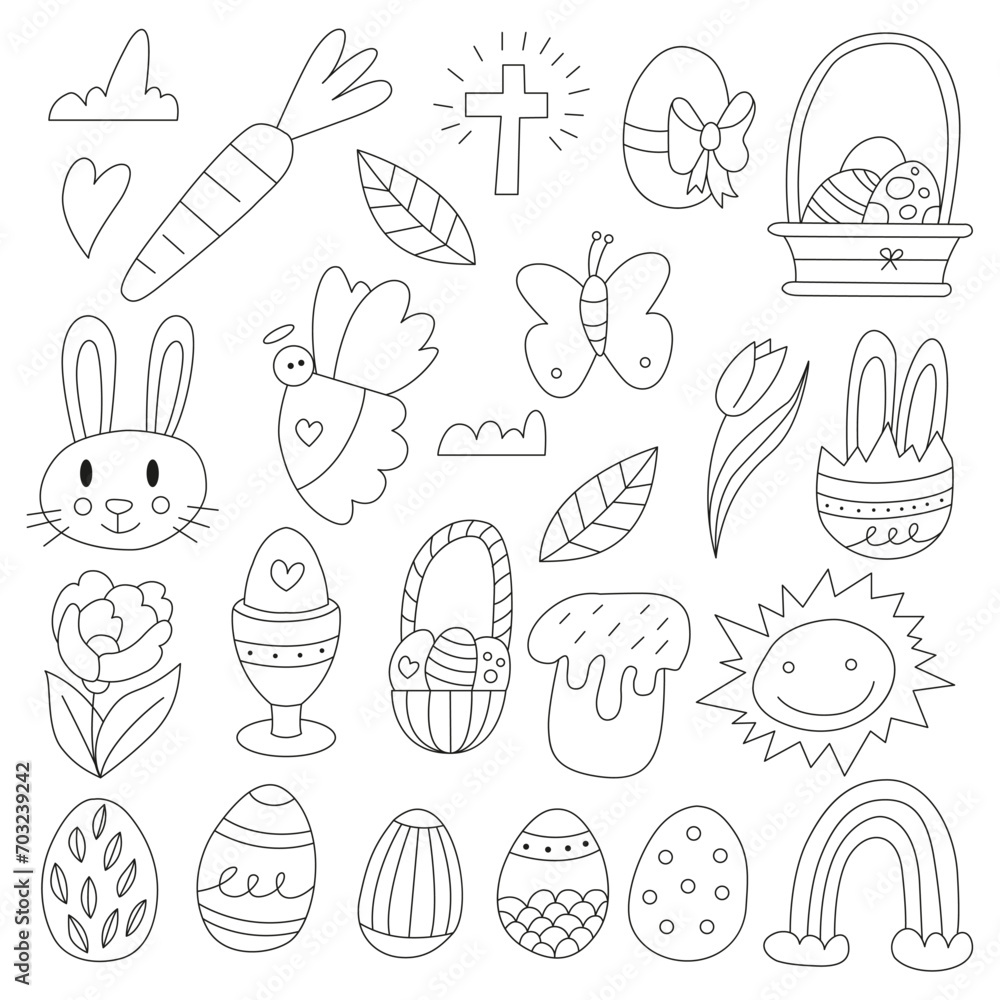 Happy Easter doodle set. Easter bunny, butterflies, chick, eggs, branches, flowers in sketch style. Vector illustration isolated on white background.
