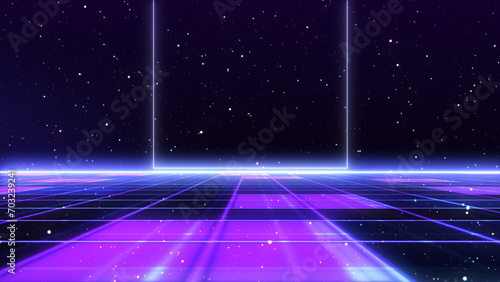 Obraz na płótnie Retro Sci-Fi Background Futuristic Grid landscape of the 80`s. Digital Cyber Surface. Suitable for design in the style of the 1980`s. 3D illustration w salonie