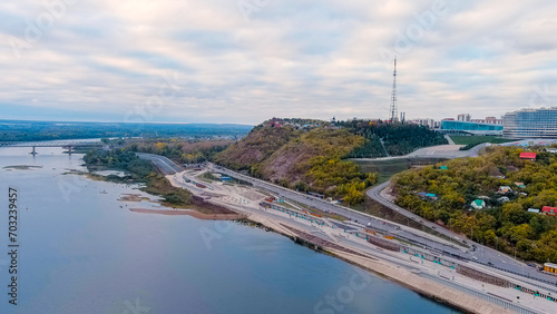 Ufa, Russia. Square named after Salavat Yulaev. Embankment of the Belaya River. Central part of the city, Aerial View photo