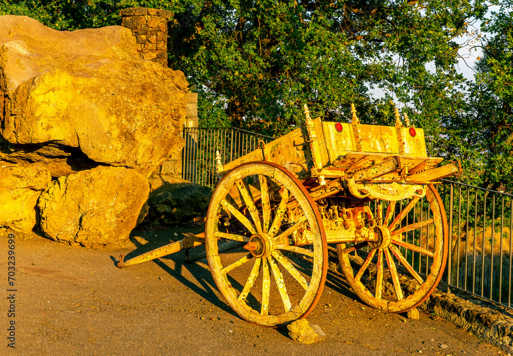 typical old vintage wooden sicilian carriage on green background