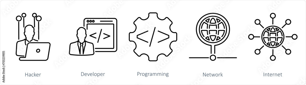 A set of 5 Internet Computer icons as hacker, developer, programming - obrazy, fototapety, plakaty 