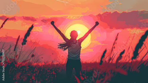 Silhouette of a person celebrating in a field at sunset