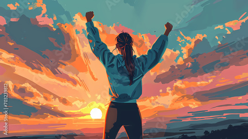 Woman celebrating sunrise in a dynamic landscape