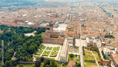 Turin, Italy. Complex of buildings of the Royal Palace in Turin. Panorama of the historical city center. Summer day, Aerial View