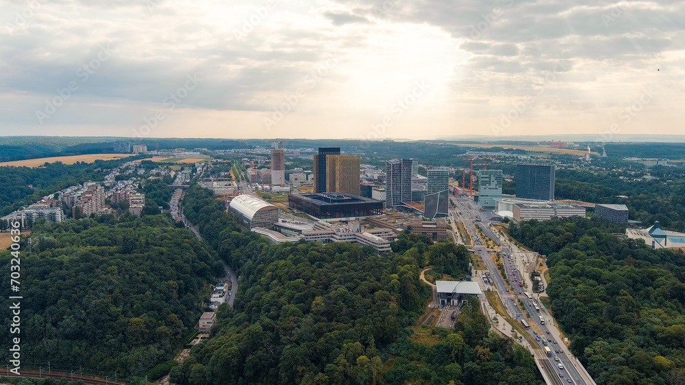 Luxembourg City, Luxembourg. View of the Kirchberg area with modern houses, Aerial View